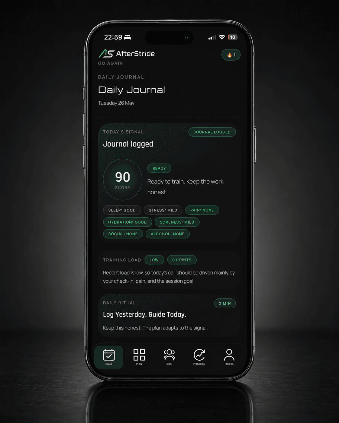 AfterStride daily journal and readiness guidance screen.