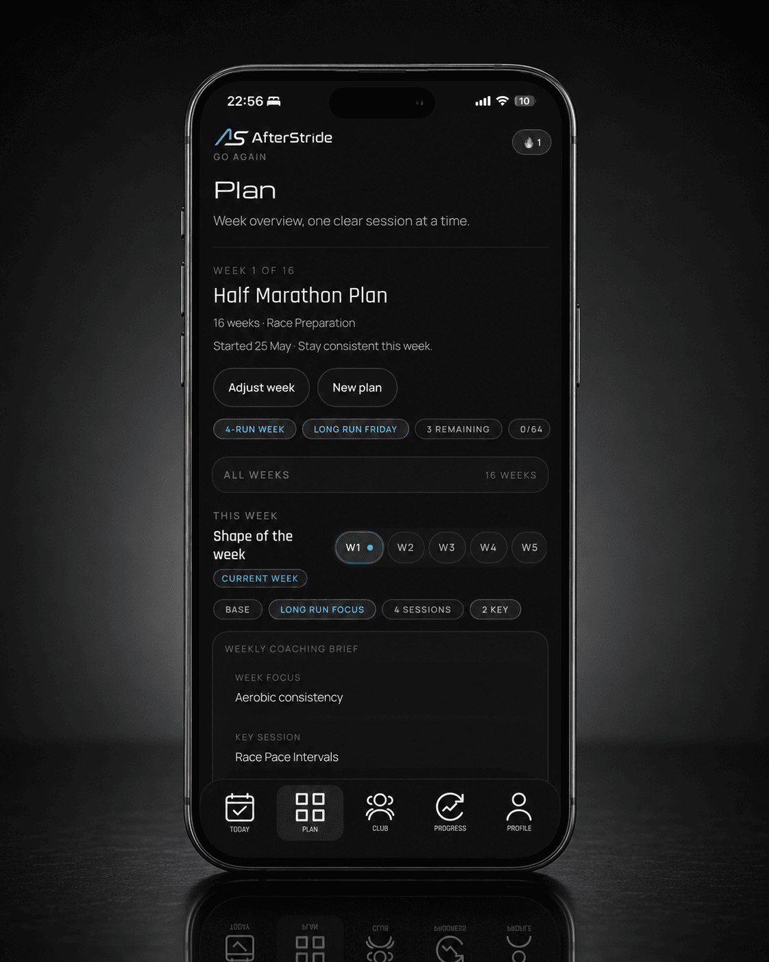 AfterStride plan overview screen with weekly structure.