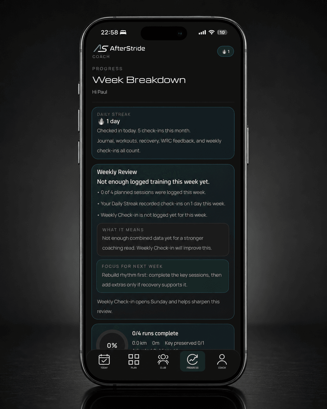 AfterStride progress and coaching context screen.